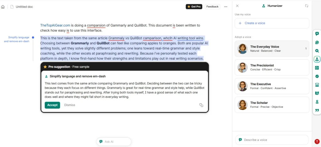 Grammarly AI Humanizer Review – Test of New Writing Tone Feature Grammarly AI Humanizer feature in action showing writing style options