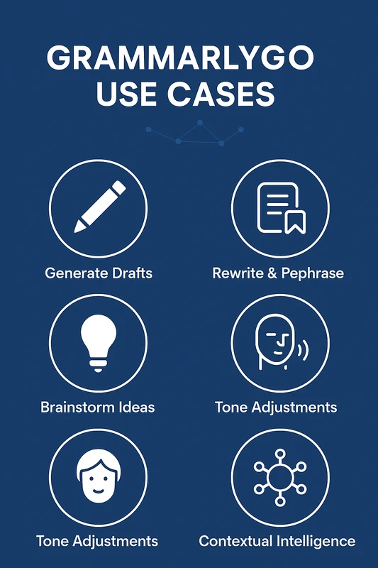 Infographic displaying GrammarlyGO's key use cases: Generate Drafts, Rewrite & Rephrase, Brainstorm Ideas, Tone Adjustments, and Contextual Intelligence.