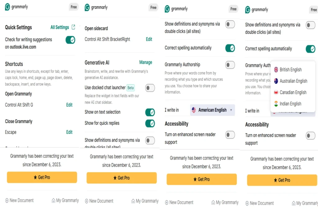 Grammarly review integrations: settings interface showing Generative AI, language preferences, and accessibility options in chrome extension