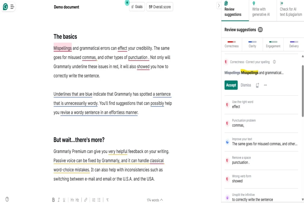Grammarly editor interface showing AI writing assistance and real-time grammar, spelling, and style corrections.
