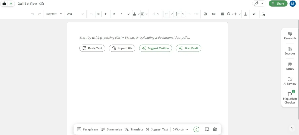 QuillBot Flow AI Research & Writing Workspace Split-screen interface of QuillBot Flow showing the AI research chat assistant alongside a document editor text draft.