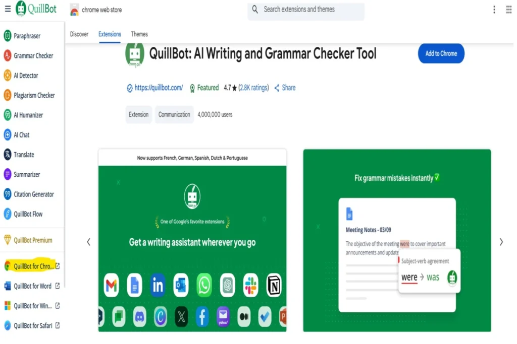 Screenshot highlighting the QuillBot Chrome Extension on the Chrome Web Store, showing its location