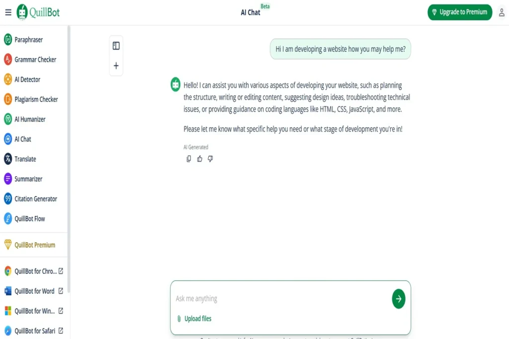 QuillBot AI Chat interface showing a conversation where the AI writing tool assists with website development, crucial for this QuillBot review.