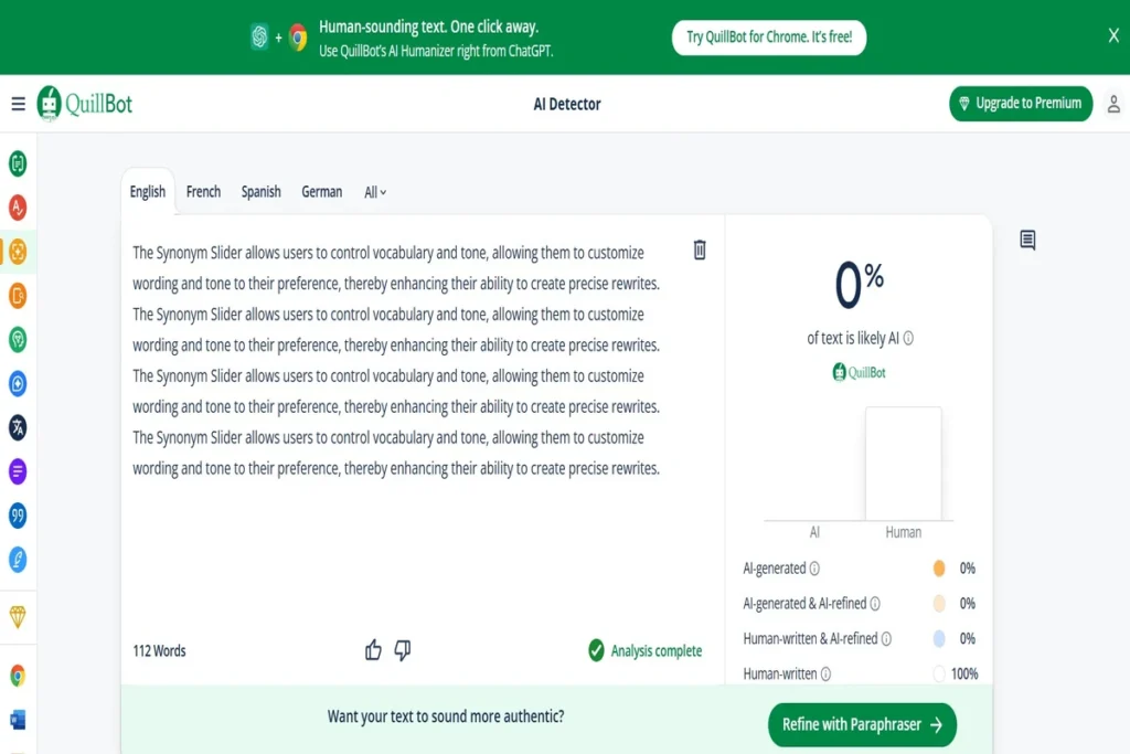 AI Detector interface showing text analysis and a 0% AI likelihood score