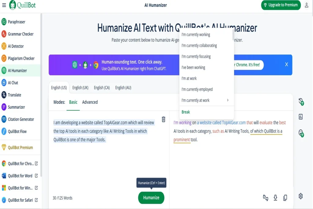 QuillBot AI Humanizer tool in use, showing how it transforms AI-generated text into human-sounding content, a key feature for this AI writing tool in our QuillBot review.