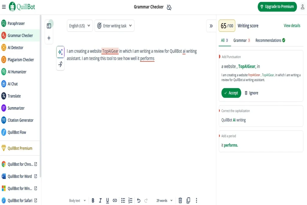 QuillBot Grammar Checker interface, an essential AI writing tool feature for any QuillBot review, displaying a writing score and highlighted errors.