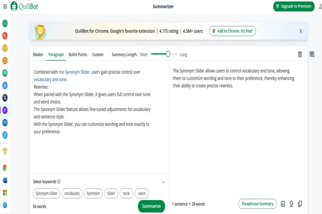 Summarizer tool interface, an efficient AI writing tool feature for condensing information, showing paragraph and bullet point modes