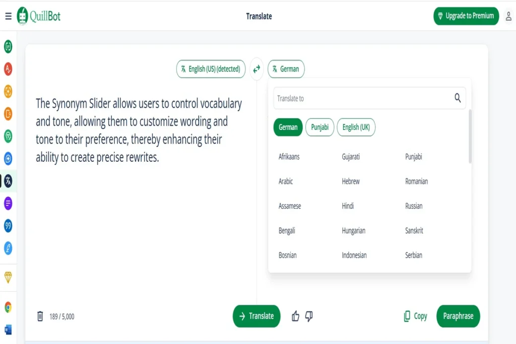 Translate tool interface, an versatile AI writing tool feature for multilingual content, showing language selection options