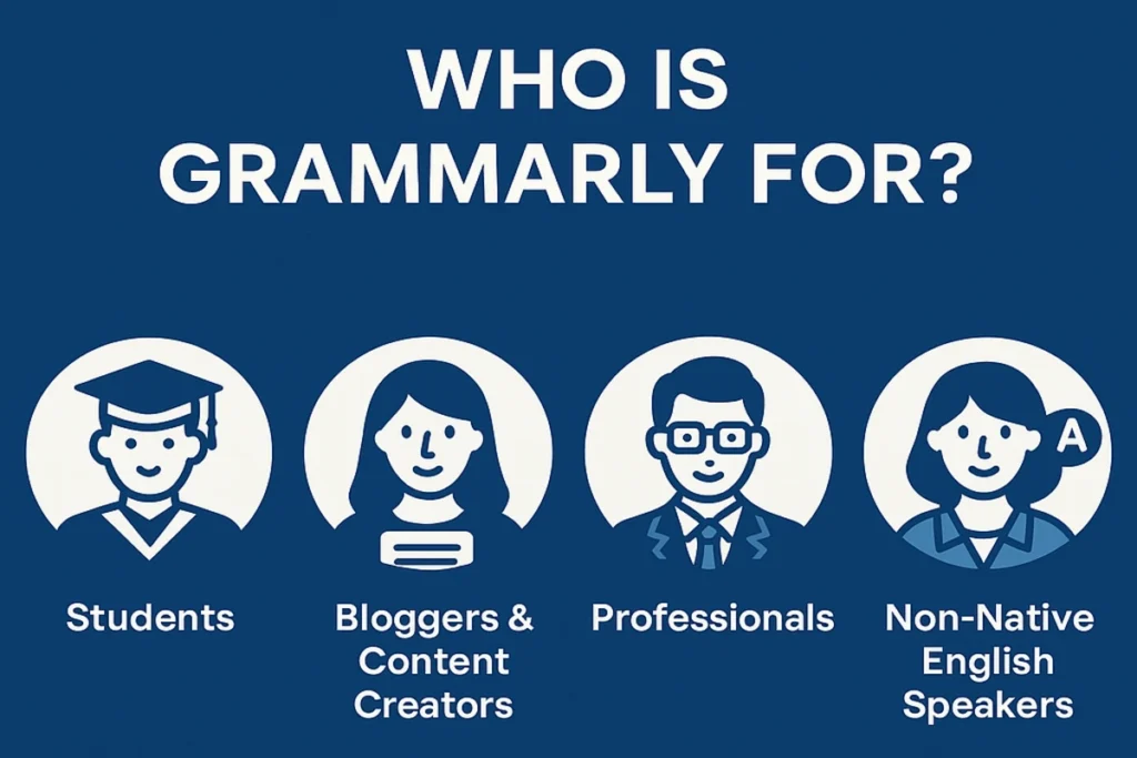 Infographic showing Grammarly's target audience: Students, Bloggers & Content Creators, Professionals, and Non-Native English Speakers.