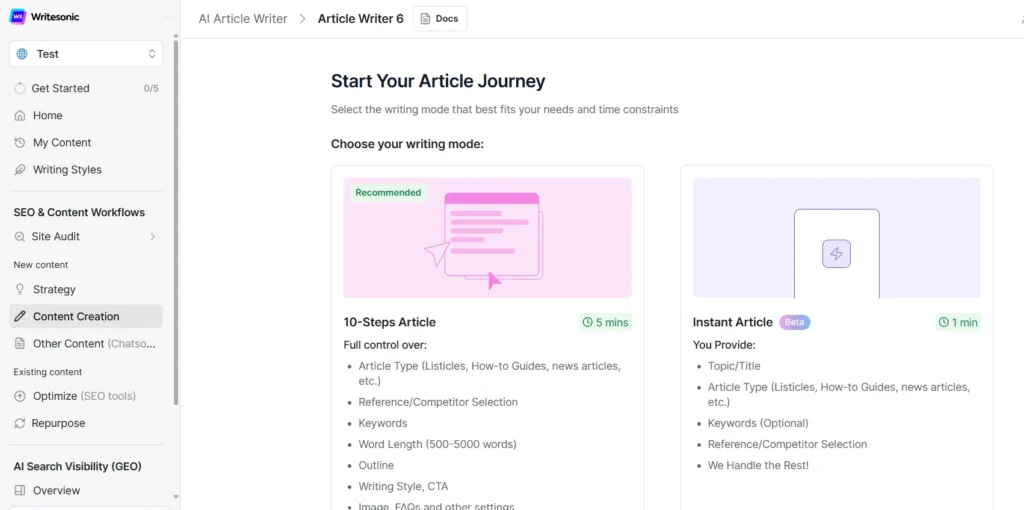 Writesonic Dashboard – Overview of the Writesonic AI Writing Tool