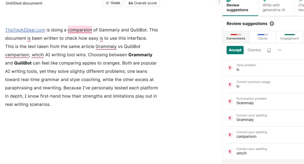 Grammarly grammar checker accuracy test results compared with QuillBot