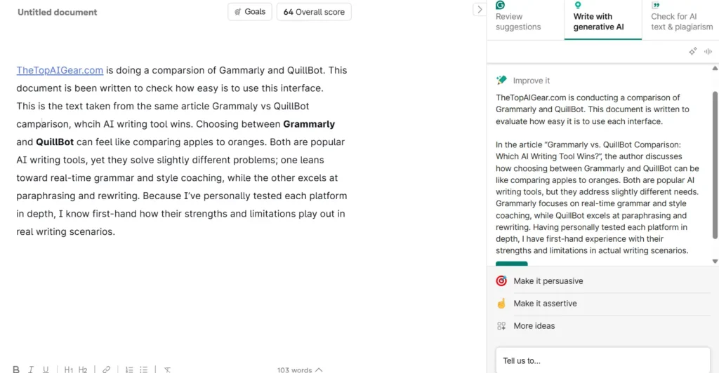 Grammarly generative AI feature generating content with tone and style options