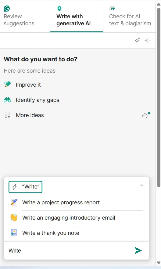 Grammarly Write with Generative AI feature showcasing tone and style customization options