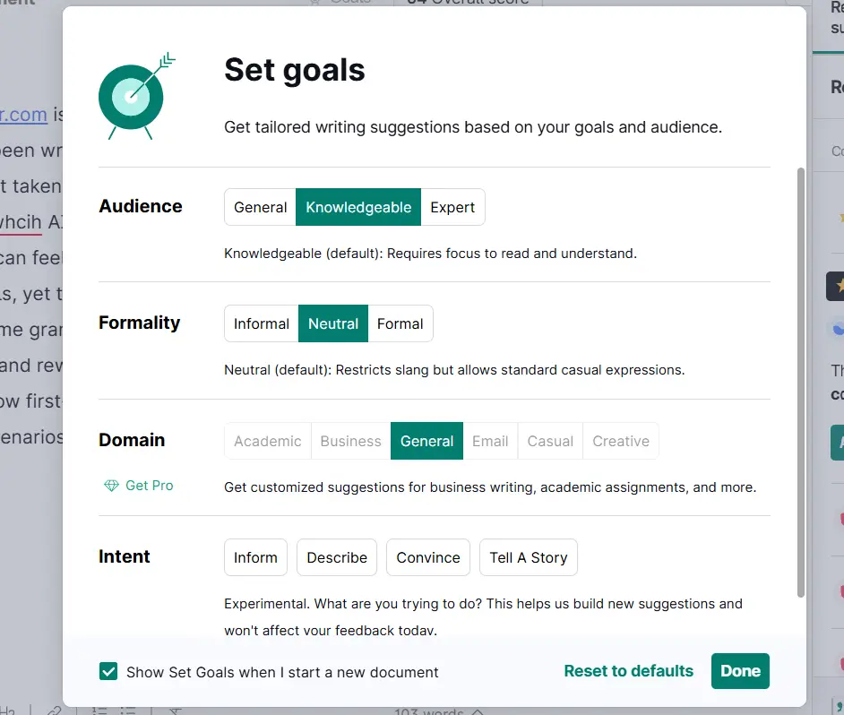 Grammarly set goals interface showing tone, intent, and audience options for writers