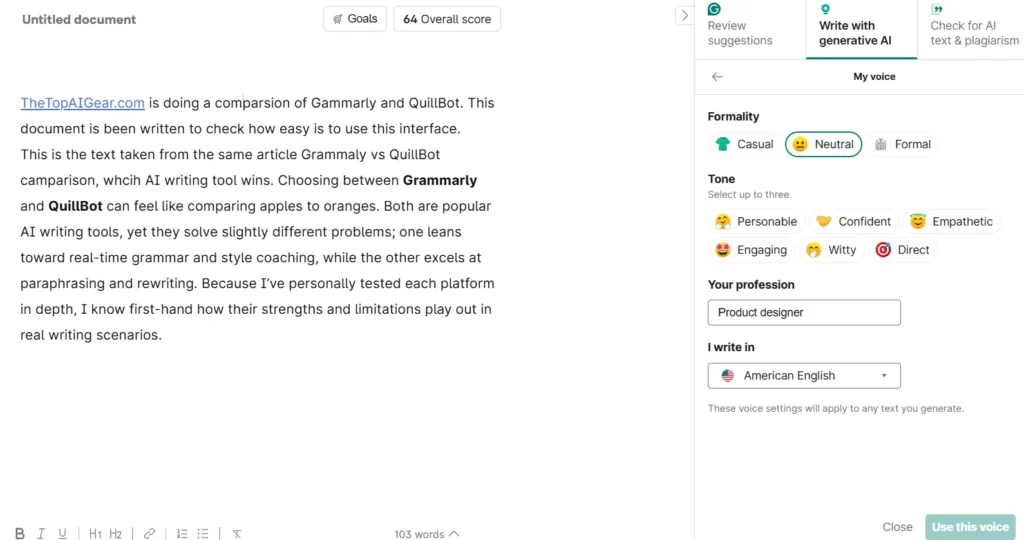 Grammarly Write with Generative AI feature generating content with tone and style options