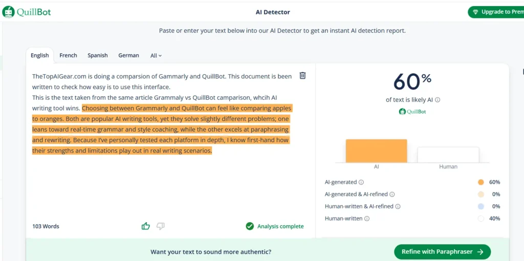 QuillBot AI detector testing accuracy on ai written text