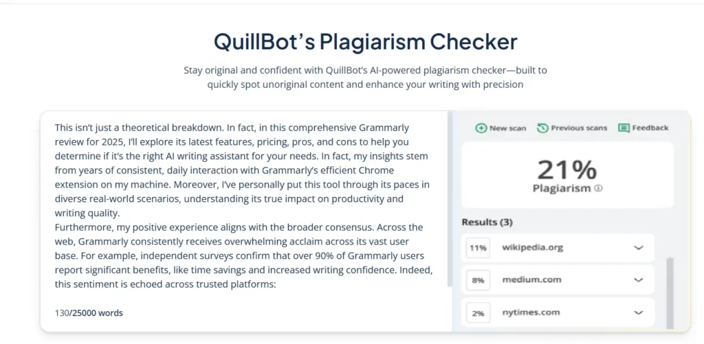 QuillBot plagiarism checker test results showing detection accuracy
