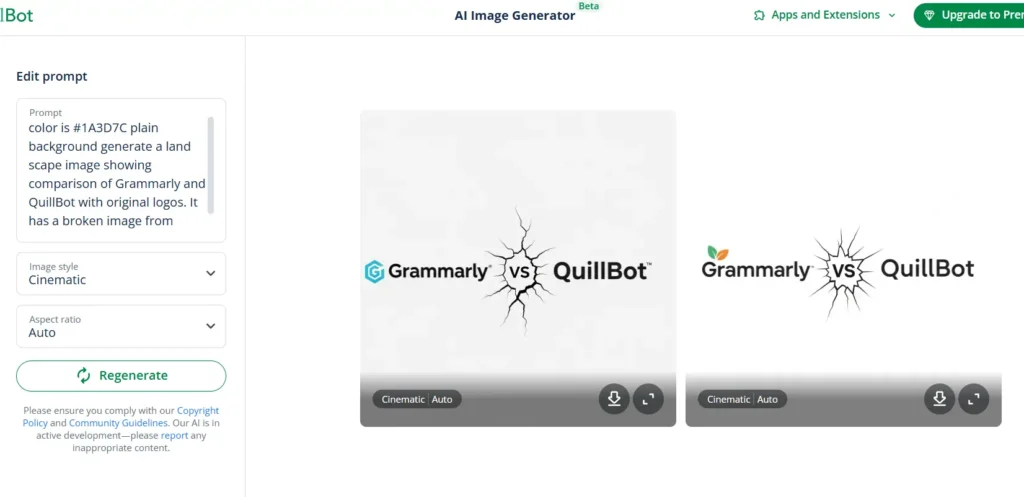QuillBot AI Image Generator creating images from text prompts with style options