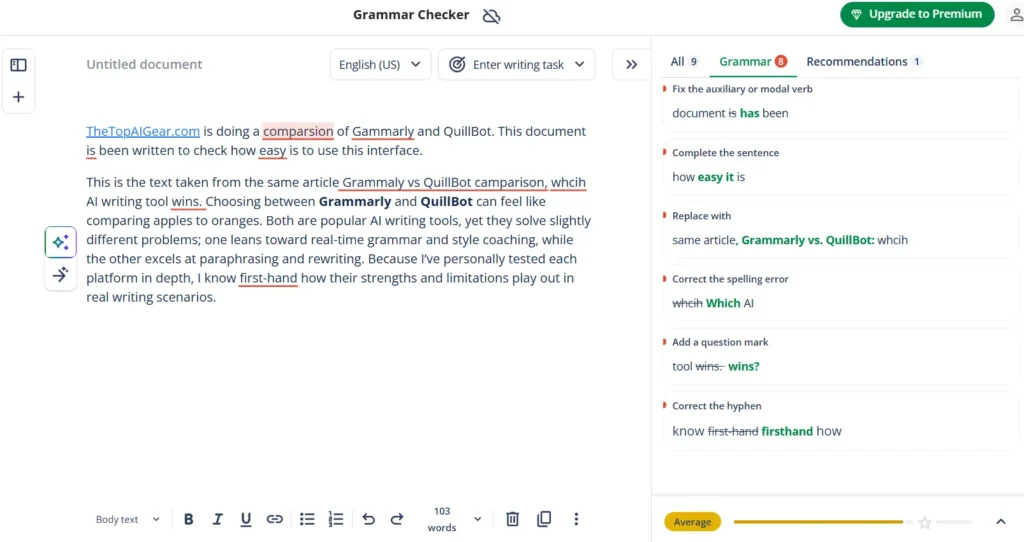 QuillBot grammar checker accuracy test results compared with Grammarly