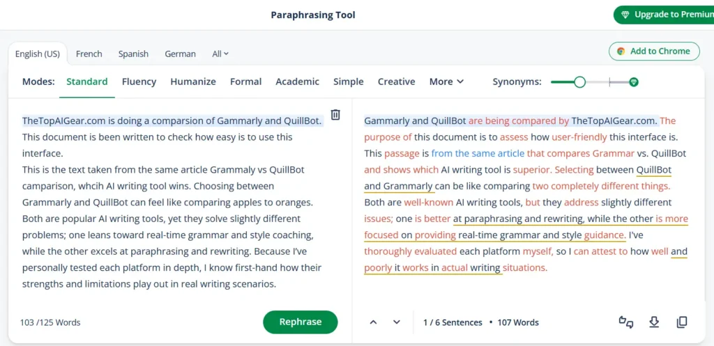QuillBot paraphraser test showing rewritten sentences and highlighted word changes