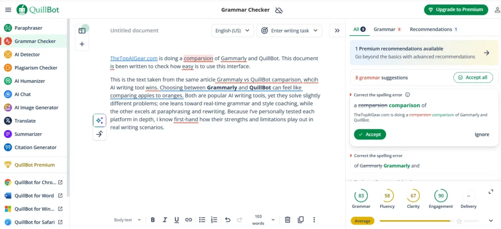 QuillBot grammar checker interface highlighting corrected grammar suggestions for ease of use