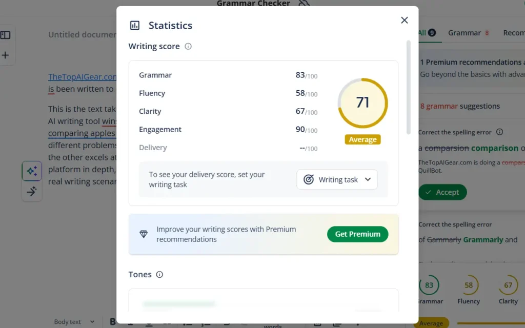 QuillBot grammar checker displaying writing score and correction suggestions for ease of use