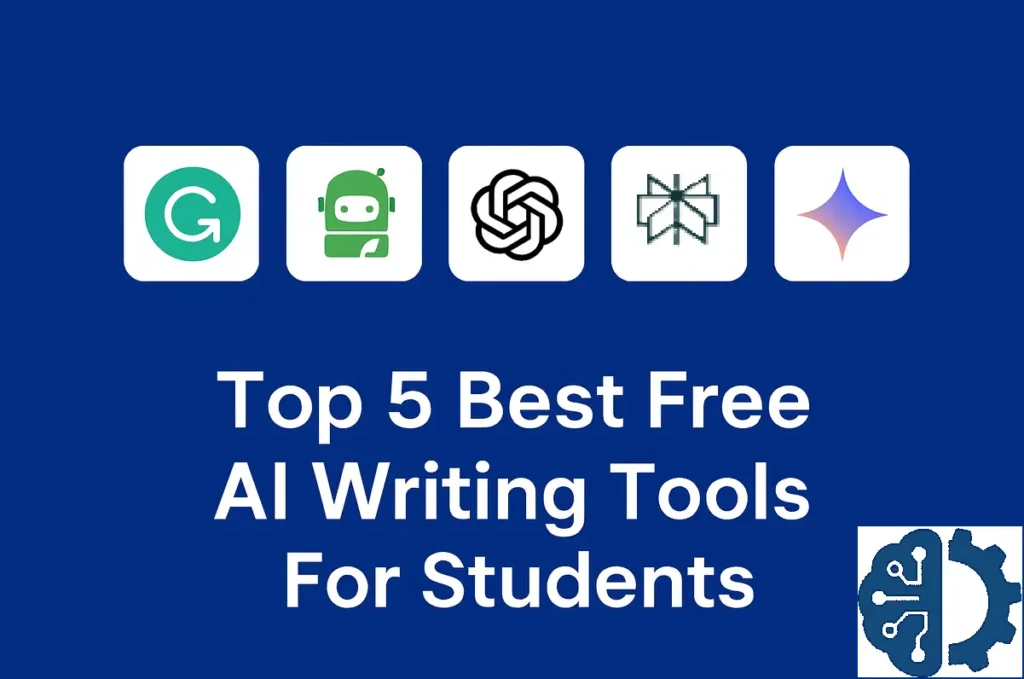 Top 5 best free AI writing tools for students featuring icons of Grammarly, QuillBot, ChatGPT, Perplexity, and Google Gemini