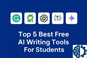 Top 5 best free AI writing tools for students featuring icons of Grammarly, QuillBot, ChatGPT, Perplexity, and Google Gemini