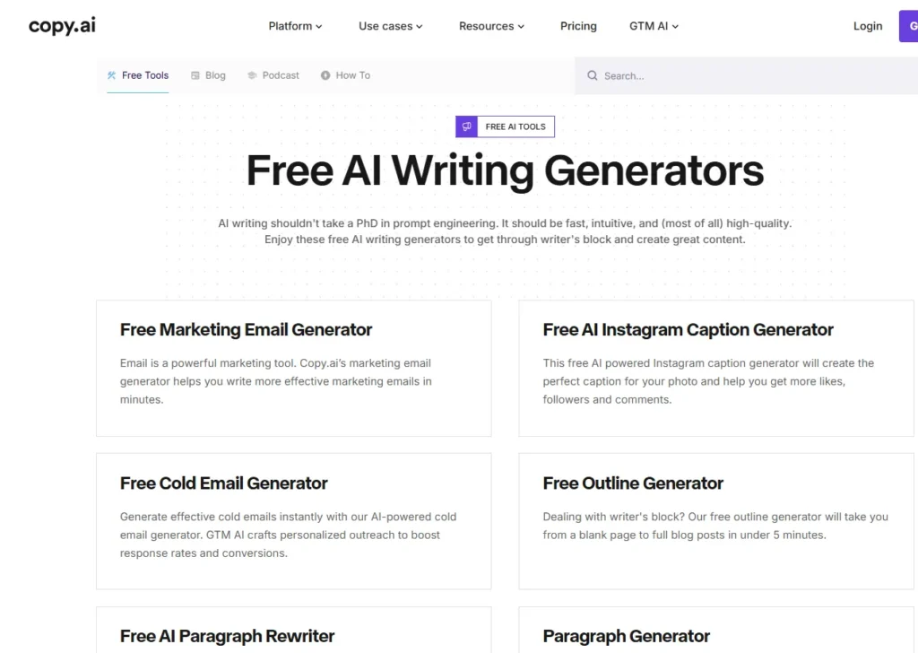 Copy AI free writing assistant for marketing and content creation