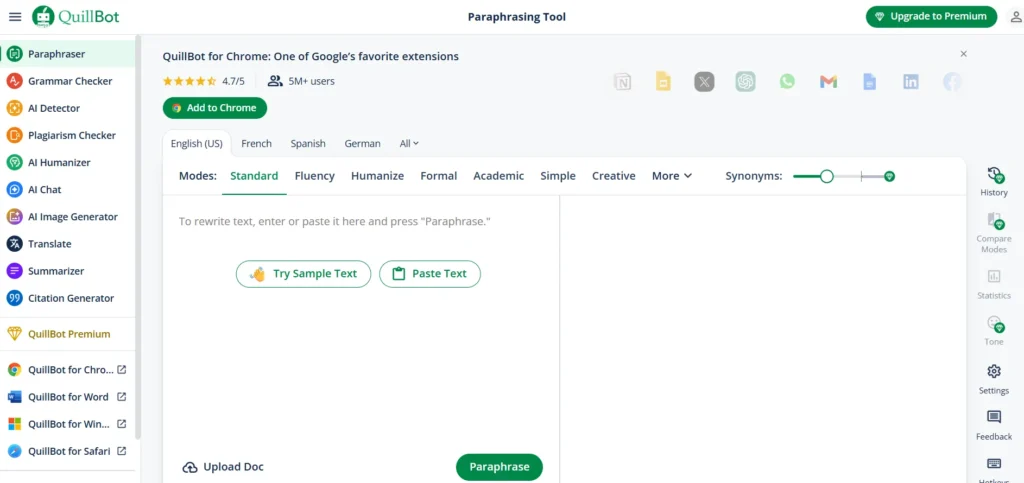 QuillBot AI writing tools for students with no signup required for paraphrasing and summarizing