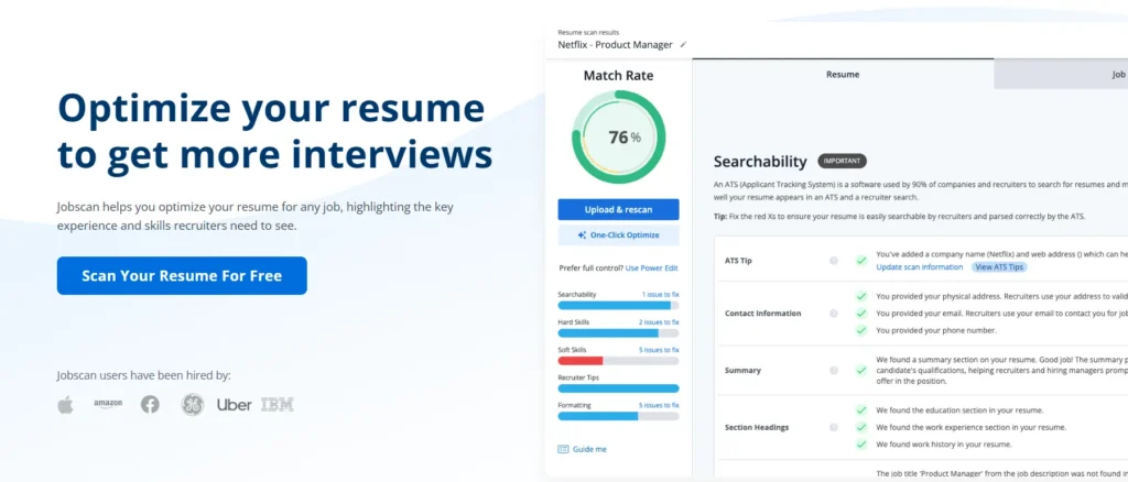 Jobscan – AI resume optimization and ATS match rate tool