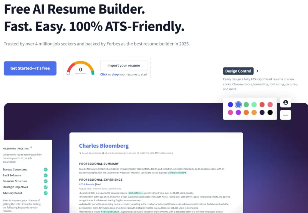 Rezi – AI resume writing tool interface for creating professional resumes