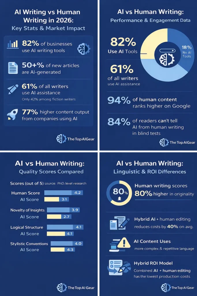 AI writing vs human writing infographic showing usage statistics, performance, quality scores, and hybrid ROI insights