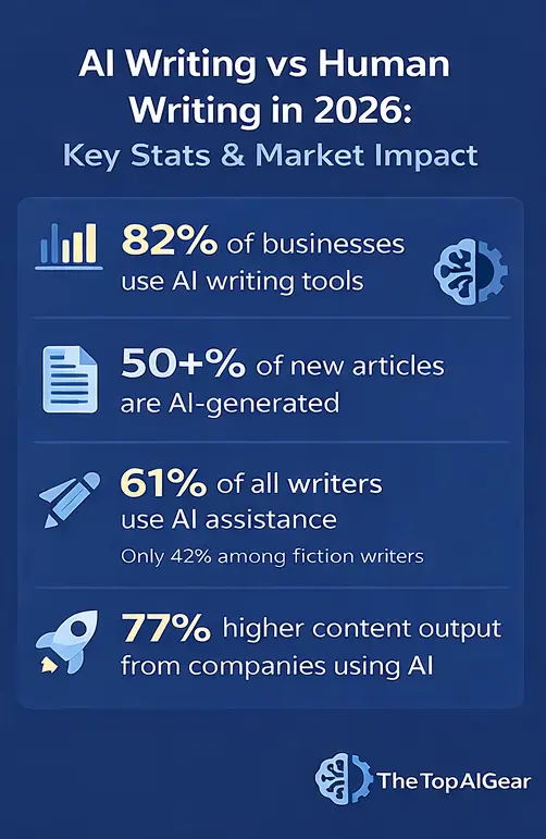 AI writing vs human writing key statistics showing market adoption, traffic performance, and content accuracy