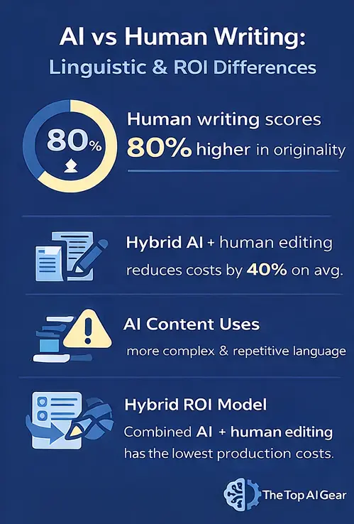 AI writing vs human writing linguistic differences and ROI comparison showing originality, complexity, and hybrid cost benefits