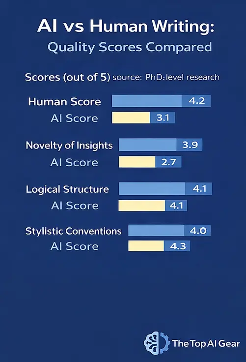 AI writing vs human writing quality scores compared across analysis, originality, structure, and style