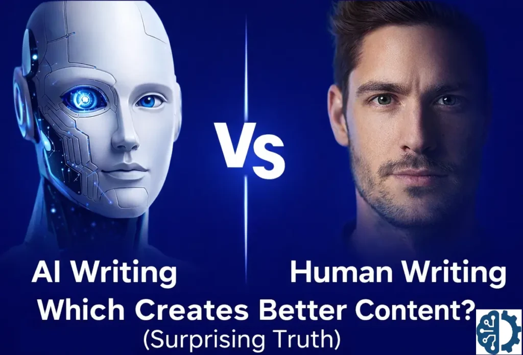 AI writing vs human writing comparison showing robot and human faces with surprising truth about content quality
